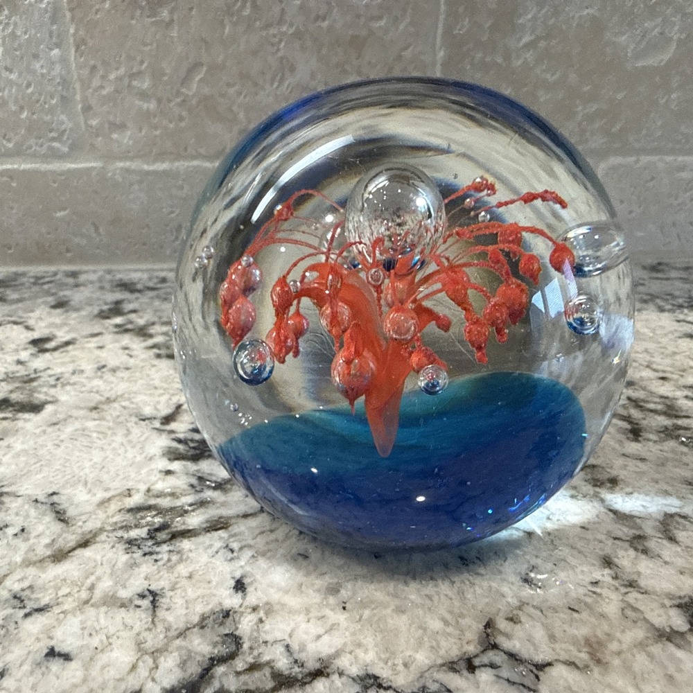Vintage Hand Blown Glass Paperweight Floral Controlled Center Bubbles BlueOrange